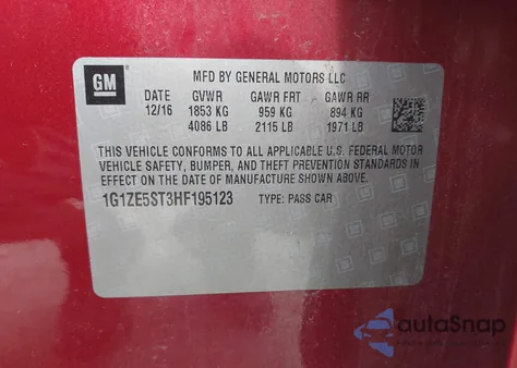 2017 Chevrolet Malibu Lt из США, поврежденный, VIN 1G1ZE5ST3HF195123